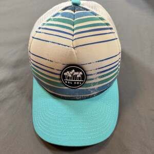 NWOT Del Sol Palm Tree Logo Striped Trucker Hat Cap Teal Cream Clean